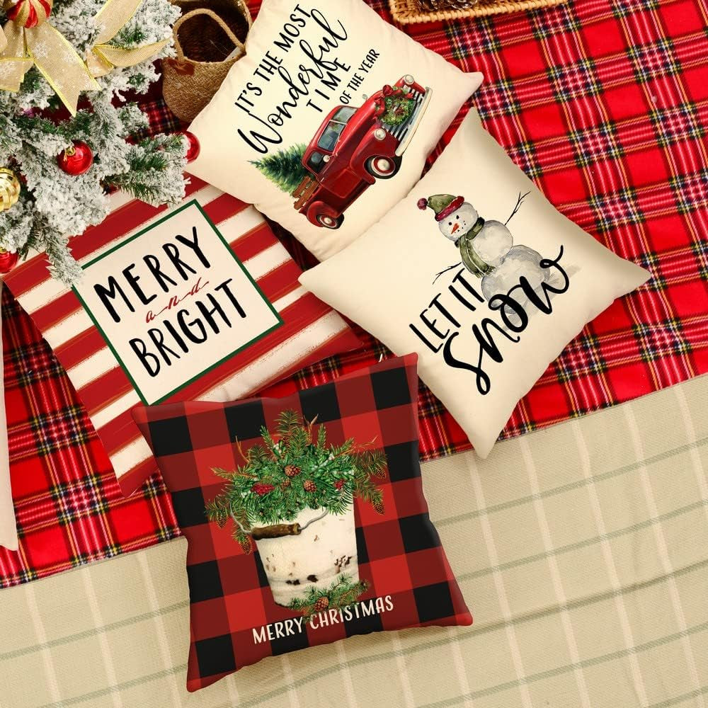 Christmas Throw Pillow Covers 20X20 Set of 4 Farmhouse Christmas Home Decor Buffalo Plaid Truck Snowman Christmas Pillows Rustic Winter Holiday Xmas Throw Pillows for Couch