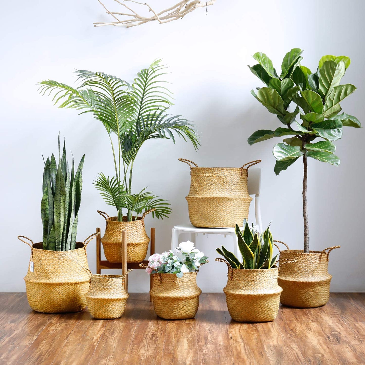 Extra Large Hand Woven Seagrass Plant Basket - 2 Pack Brown Belly Baskets with Handles for Storage, Laundry, Picnic, Plant Pot Cover, and Home Decor