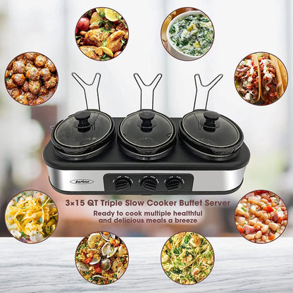 Elevate Your Entertaining with the Triple Slow Cooker Buffet Server - Versatile 3-Compartment Electric Food Warmer with Adjustable Temperature and Removable Ceramic Pots