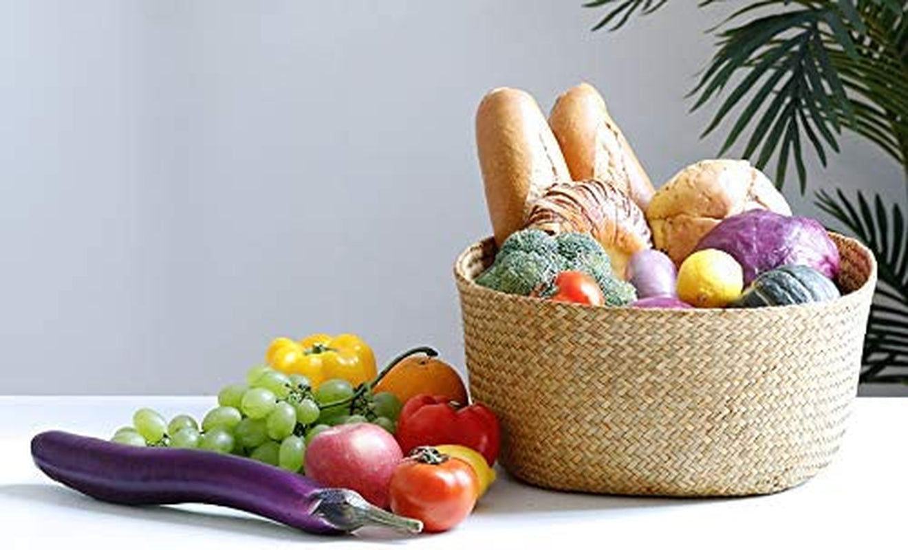 Extra Large Hand Woven Seagrass Plant Basket - 2 Pack Brown Belly Baskets with Handles for Storage, Laundry, Picnic, Plant Pot Cover, and Home Decor