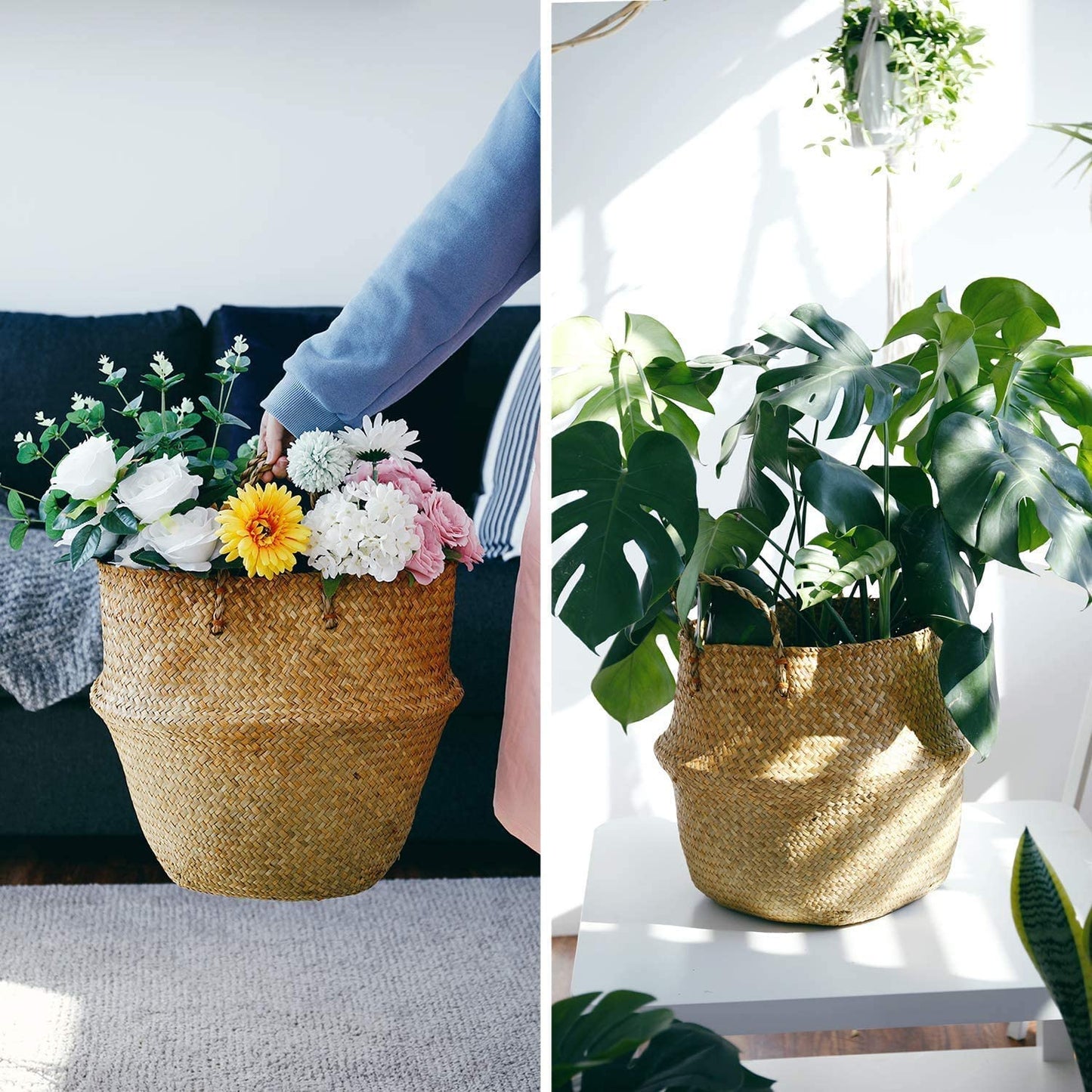 Extra Large Hand Woven Seagrass Plant Basket - 2 Pack Brown Belly Baskets with Handles for Storage, Laundry, Picnic, Plant Pot Cover, and Home Decor