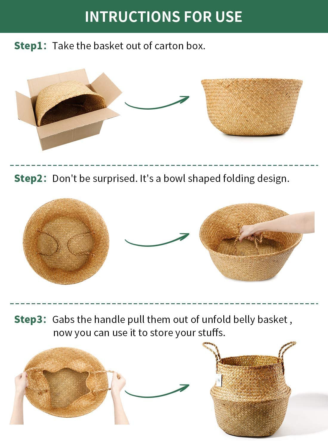 Extra Large Hand Woven Seagrass Plant Basket - 2 Pack Brown Belly Baskets with Handles for Storage, Laundry, Picnic, Plant Pot Cover, and Home Decor