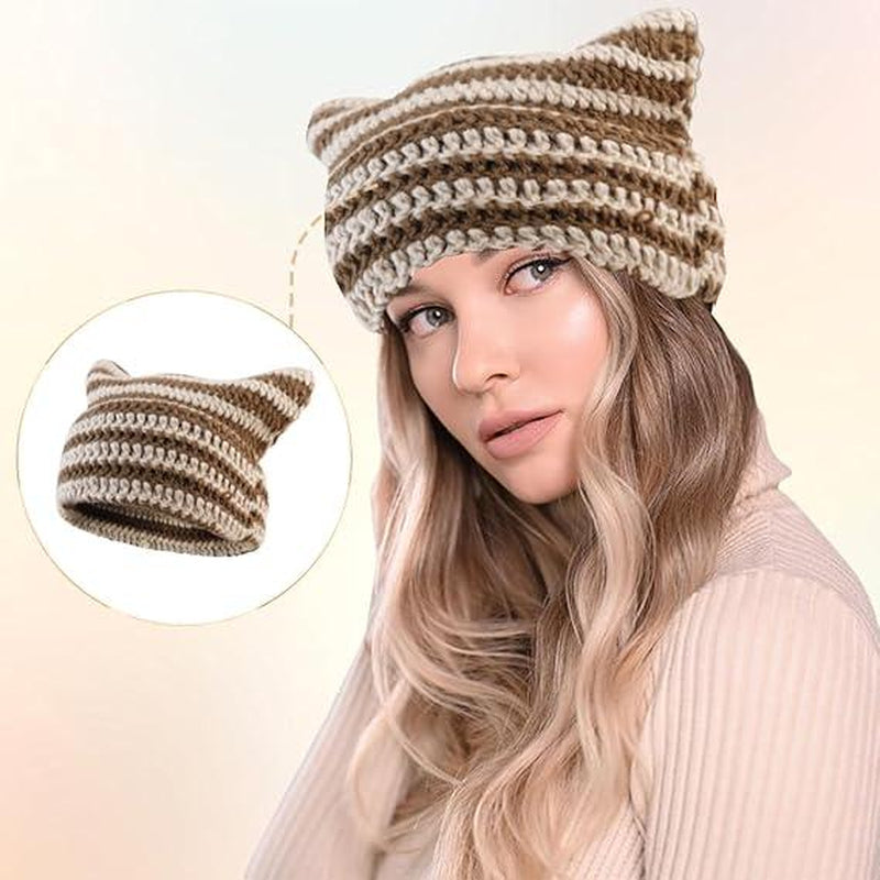 Cat Ear Beanie for Women Men Crochet Hat Knitted Hat Cute Hat Beanie Y2K Winter Hat Slouchy Beanie Kitsch Bonnet