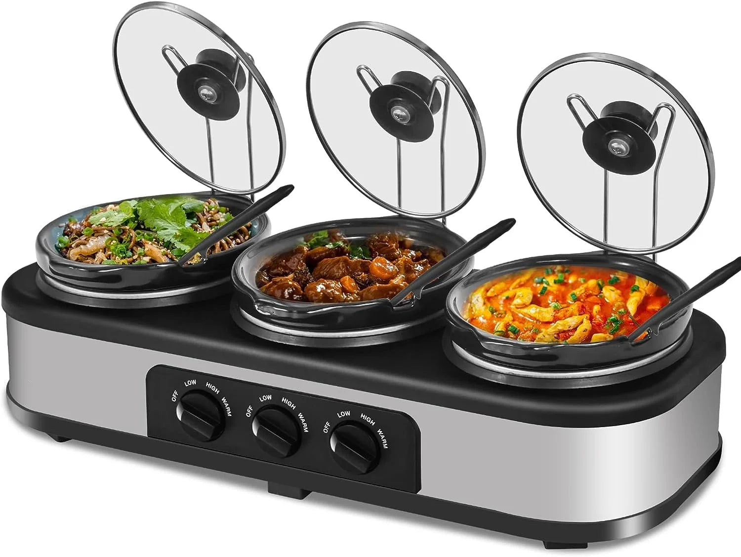 Elevate Your Entertaining with the Triple Slow Cooker Buffet Server - Versatile 3-Compartment Electric Food Warmer with Adjustable Temperature and Removable Ceramic Pots