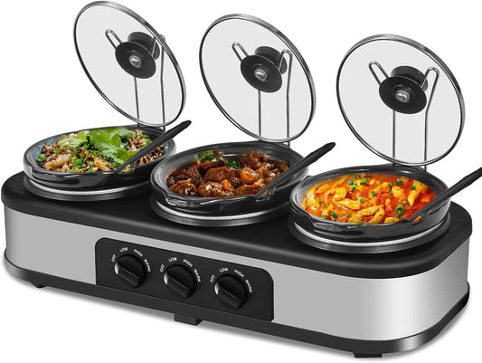 Elevate Your Entertaining with the Triple Slow Cooker Buffet Server - Versatile 3-Compartment Electric Food Warmer with Adjustable Temperature and Removable Ceramic Pots