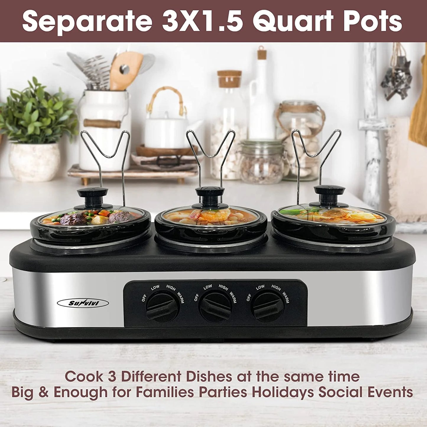 Elevate Your Entertaining with the Triple Slow Cooker Buffet Server - Versatile 3-Compartment Electric Food Warmer with Adjustable Temperature and Removable Ceramic Pots