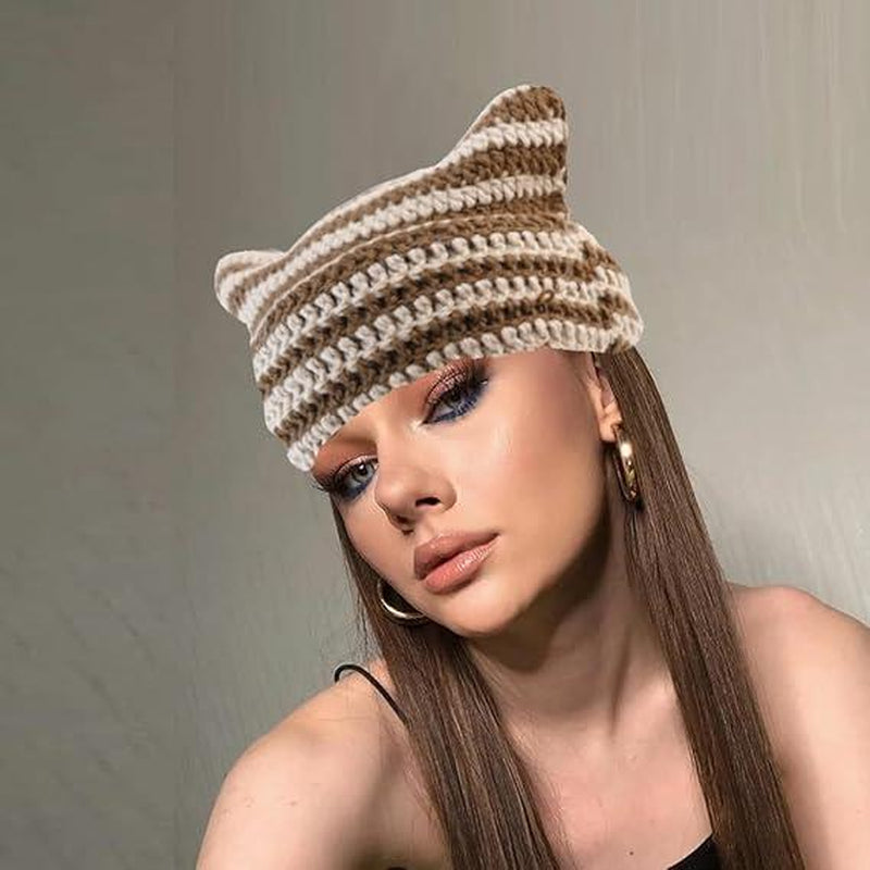 Cat Ear Beanie for Women Men Crochet Hat Knitted Hat Cute Hat Beanie Y2K Winter Hat Slouchy Beanie Kitsch Bonnet