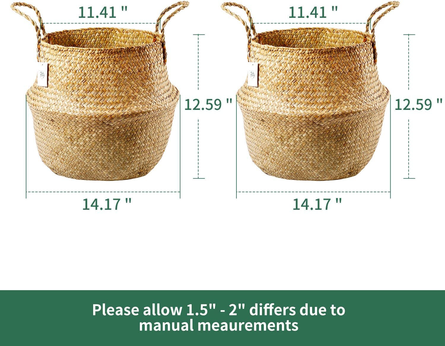 Extra Large Hand Woven Seagrass Plant Basket - 2 Pack Brown Belly Baskets with Handles for Storage, Laundry, Picnic, Plant Pot Cover, and Home Decor
