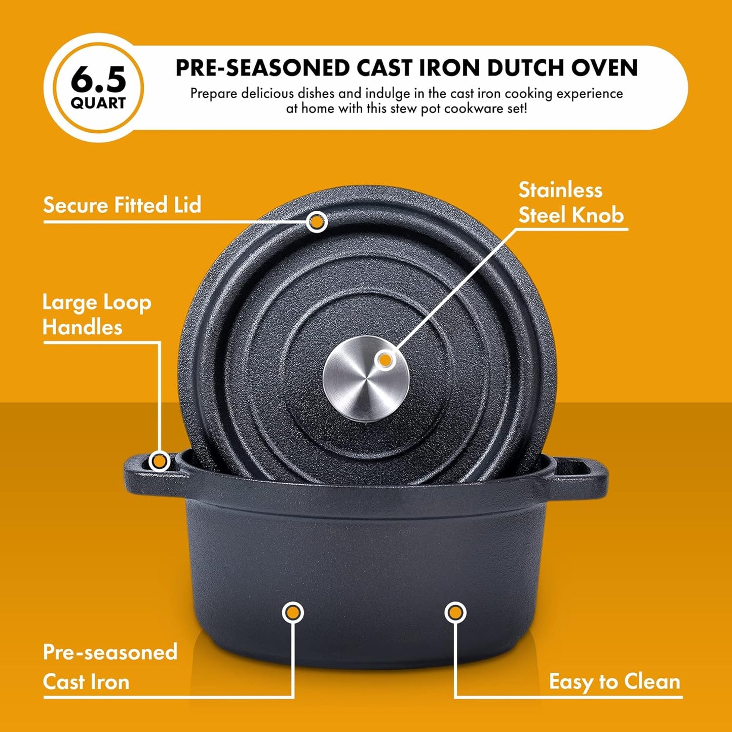 Elevate Your Cooking with Our 5.2 Quart Pre-Seasoned Cast Iron Dutch Oven - Perfect for Casseroles, Braising, and Induction Stovetops!