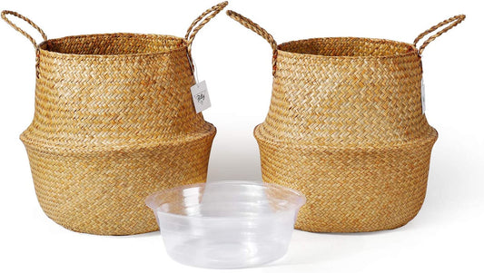 Extra Large Hand Woven Seagrass Plant Basket - 2 Pack Brown Belly Baskets with Handles for Storage, Laundry, Picnic, Plant Pot Cover, and Home Decor