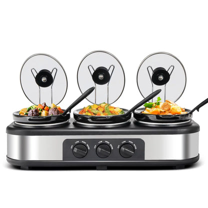Elevate Your Entertaining with the Triple Slow Cooker Buffet Server - Versatile 3-Compartment Electric Food Warmer with Adjustable Temperature and Removable Ceramic Pots