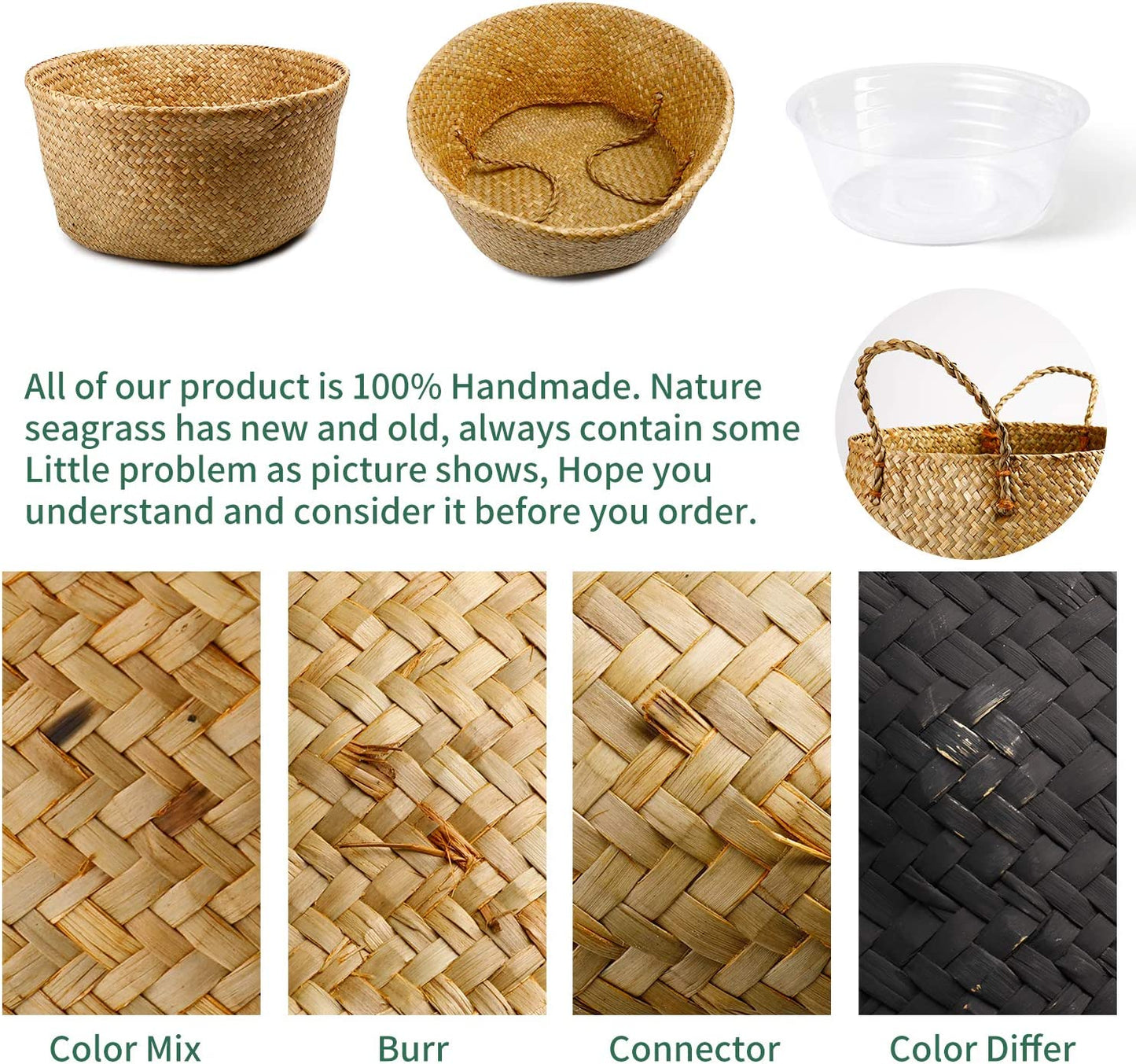 Extra Large Hand Woven Seagrass Plant Basket - 2 Pack Brown Belly Baskets with Handles for Storage, Laundry, Picnic, Plant Pot Cover, and Home Decor